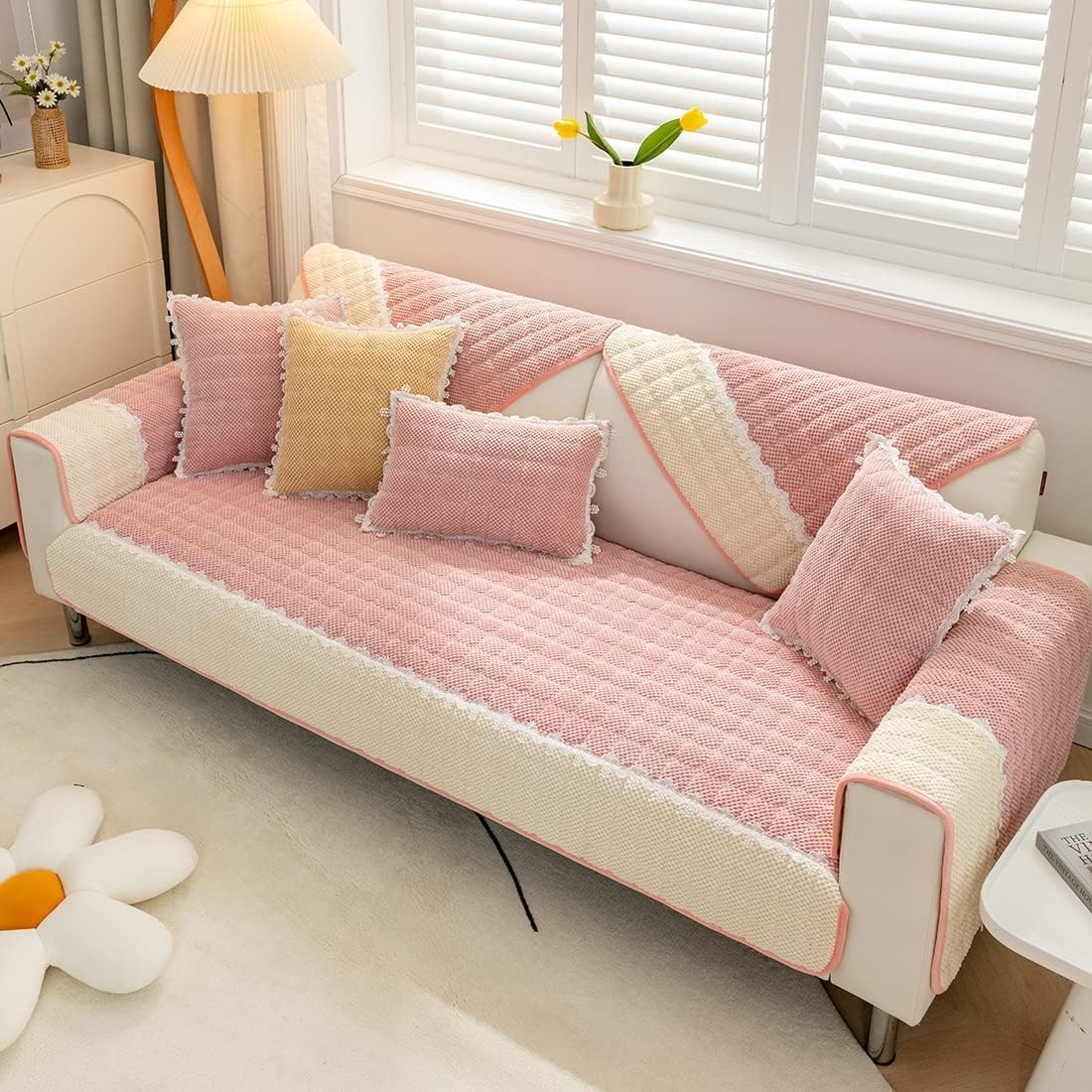 Non-slip Sectional Couch Cover With Lace, Furniture Protector For Dogs, Pets, And Kids I