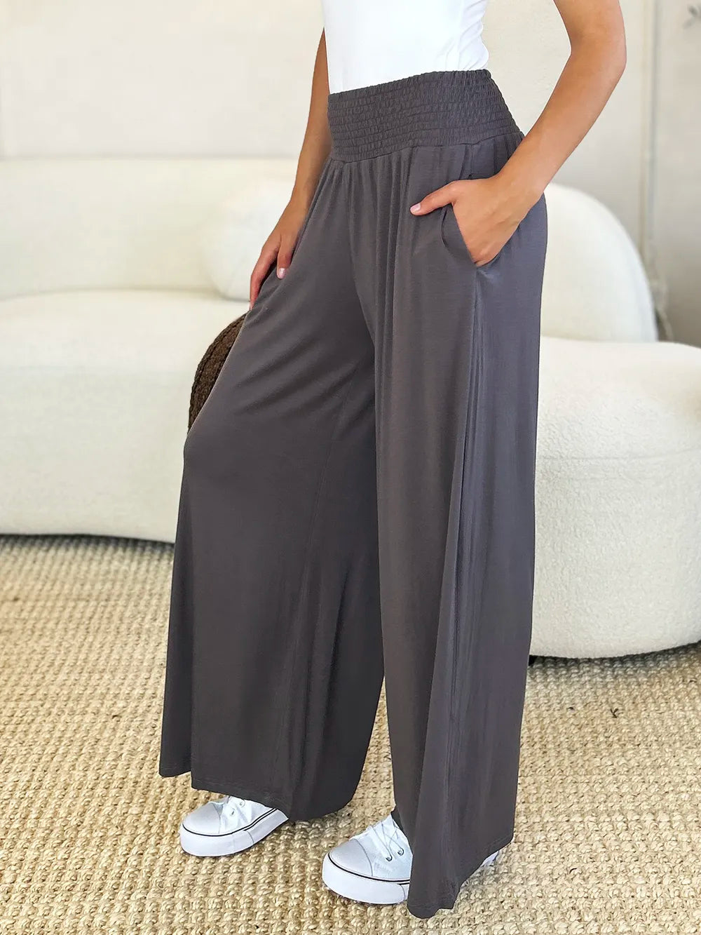 Basic Bae Full Size Smocked Wide Waistband Wide Leg Pants | Includes Plus Size