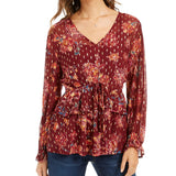 Style & Co Women's Burgundy Tie Floral Long Sleeve V Neck Top Size Large