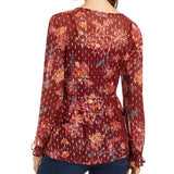 Style & Co Women's Burgundy Tie Floral Long Sleeve V Neck Top Size Large