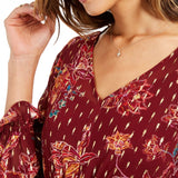 Style & Co Women's Burgundy Tie Floral Long Sleeve V Neck Top Size Large