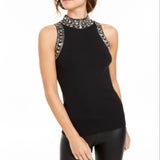 INC International Concepts Women's Embellished Mock Neck Tank Sweater Black Size Small