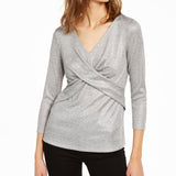 INC Women's Silver Ribbed Shimmering Long Sleeve V Neck Top Size X-Small