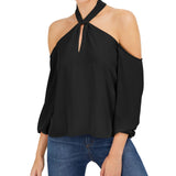Bar III Women's Cold Shoulder Halter Long Sleeve Keyhole Party Blouse Black Size XX-Large