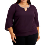 JM Collection Women's Bell Sleeve Embellished Trim Blouse Purple Size 2X