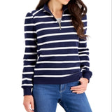 Charter Club Women's Cotton Striped Zip Neck Top Blue Size Petite L