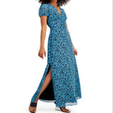Bar III Heart-Print Ruched-Waist Dress Flutter Heart Blue M