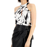 INC International Concepts Women's Printed Cutout Sleeveless Blouse White Size Small