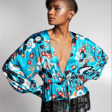 INC International Concepts Women's Beaded Fringe Kimono Blouse Blue Size Small