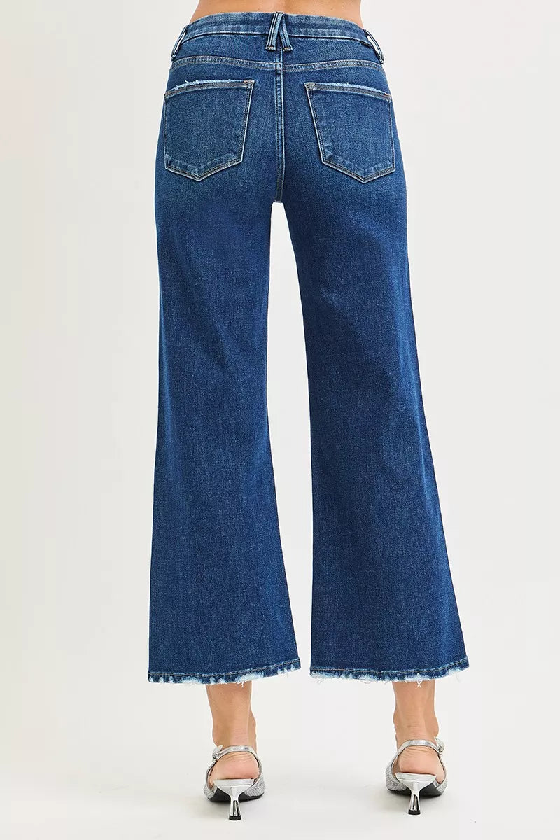 Risen Tummy Control 4 Way Stretch High Rise Crop Wide Leg Jeans