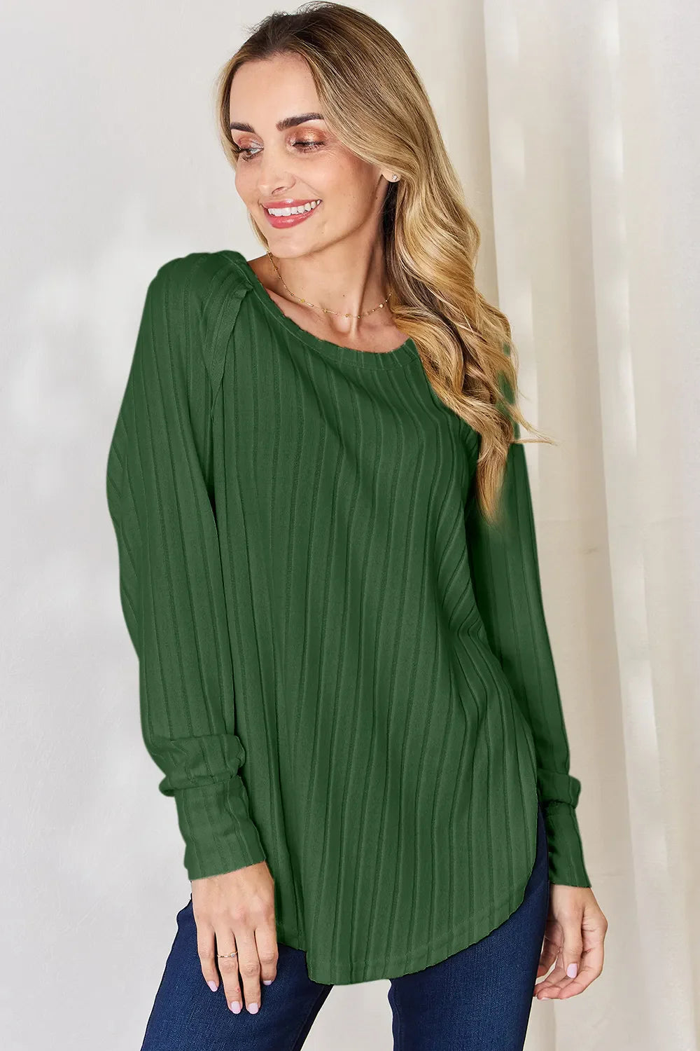Basic Bae Full Size Ribbed Round Neck Slit Knit Top | Includes Plus Size