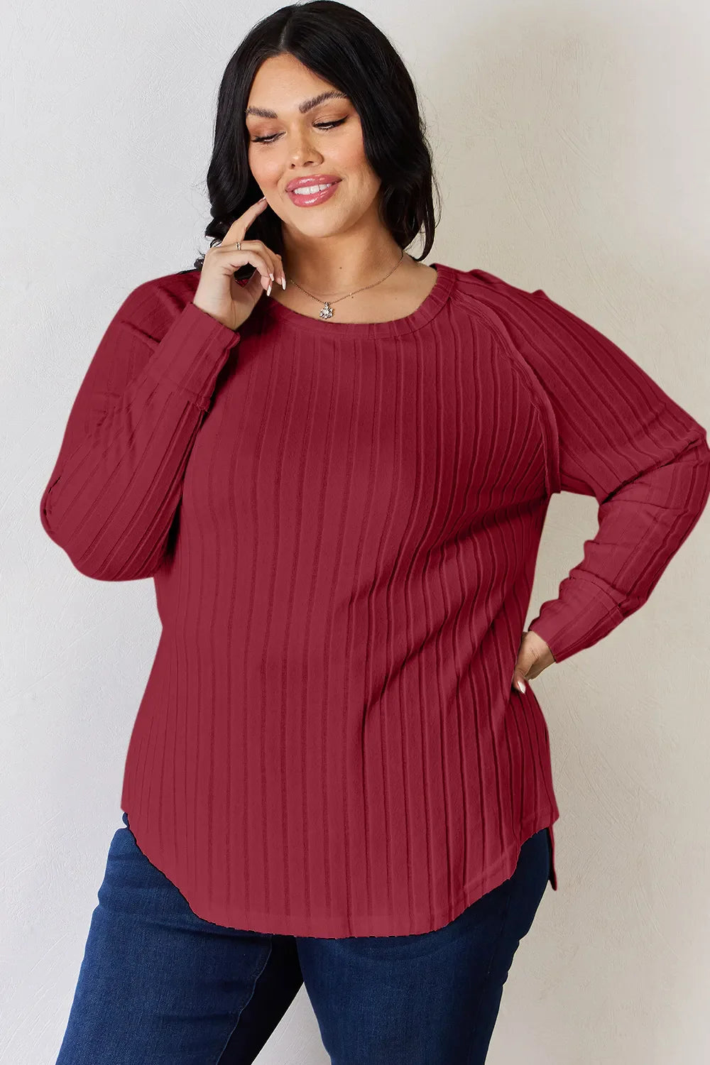 Basic Bae Full Size Ribbed Round Neck Slit Knit Top | Includes Plus Size