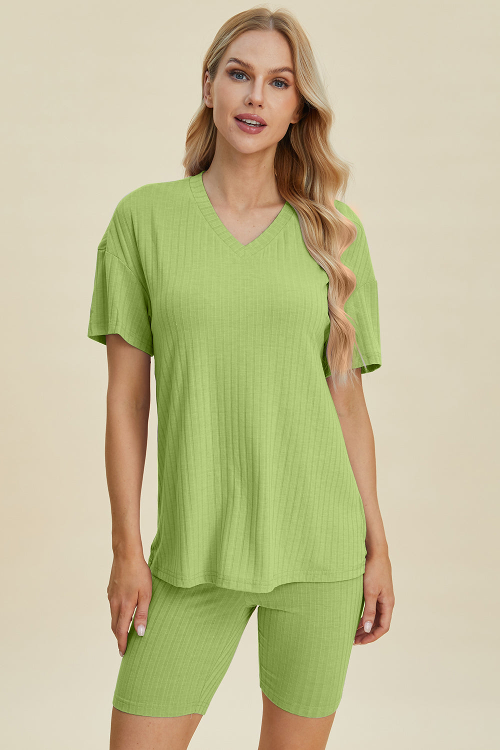Basic Bae Full Size Ribbed V-neck Short Sleeve Top And Shorts Set
