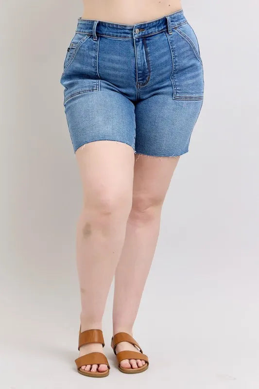 Judy Blue Full Size Mid Rise Bermudas Denim Shorts W/ Back Flap Pockets | Includes Plus Size