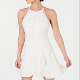Speechless Women's Stretch Zippered Ruffled Sleeveless Halter Short Fit Flare Dress White Size X-Large