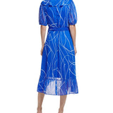 DKNY Women's Printed Metallic Puff Sleeve Faux Wrap Dress Blue Size 14