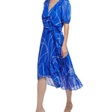DKNY Women's Printed Metallic Puff Sleeve Faux Wrap Dress Blue Size 14