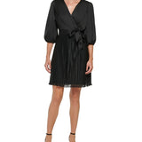 DKNY Women's Pleated Balloon Sleeve Faux Wrap Dress Black Size 16