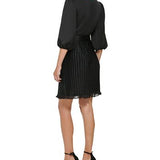 DKNY Women's Pleated Balloon Sleeve Faux Wrap Dress Black Size 16