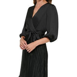 DKNY Women's Pleated Balloon Sleeve Faux Wrap Dress Black Size 16