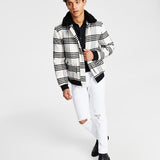 INC International Concepts Men's Loki Fleece Collar Zip Front Plaid Jacket White Size Large