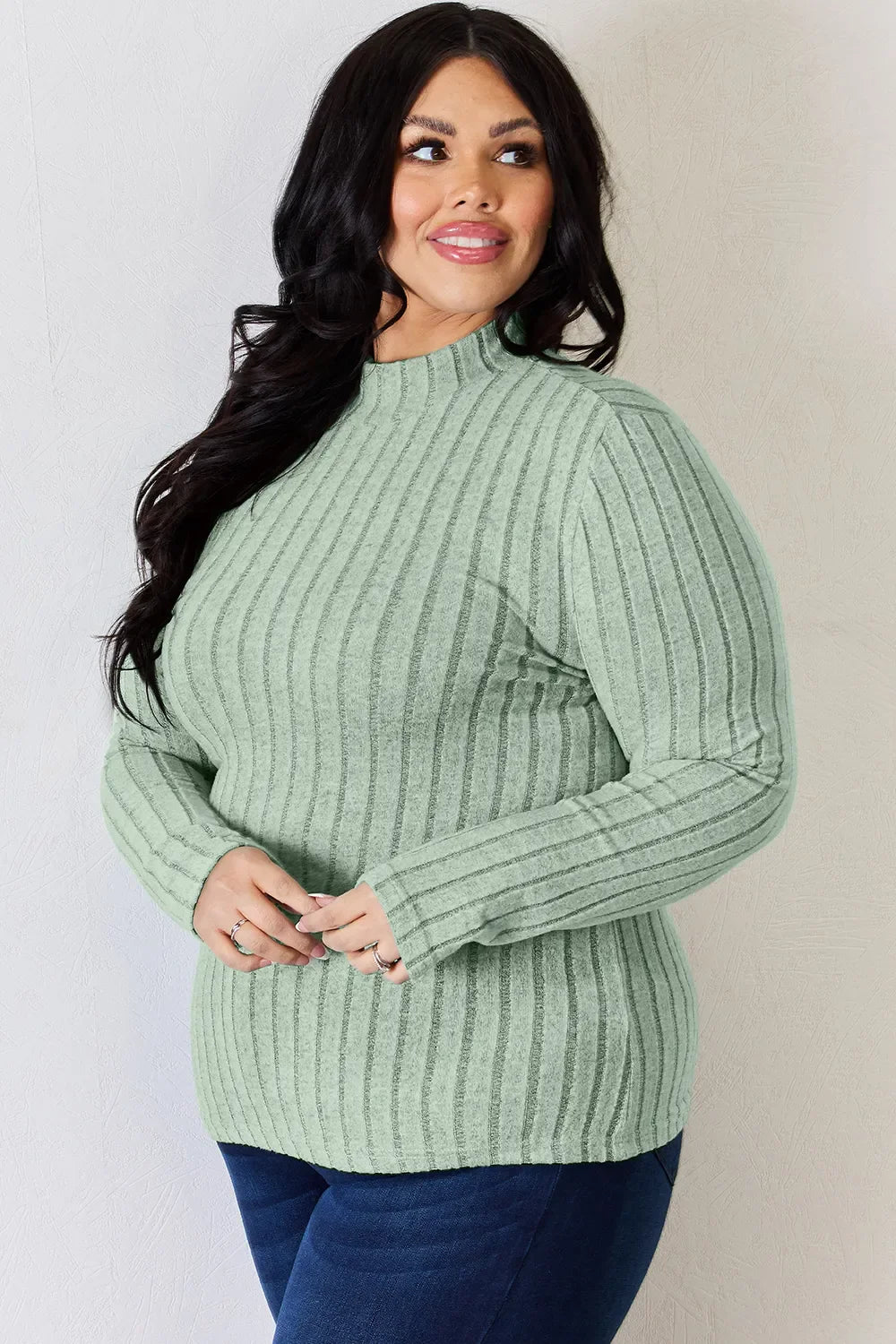 Basic Bae Full Size Ribbed Mock Neck Long Sleeve Knit Top | Includes Plus Size