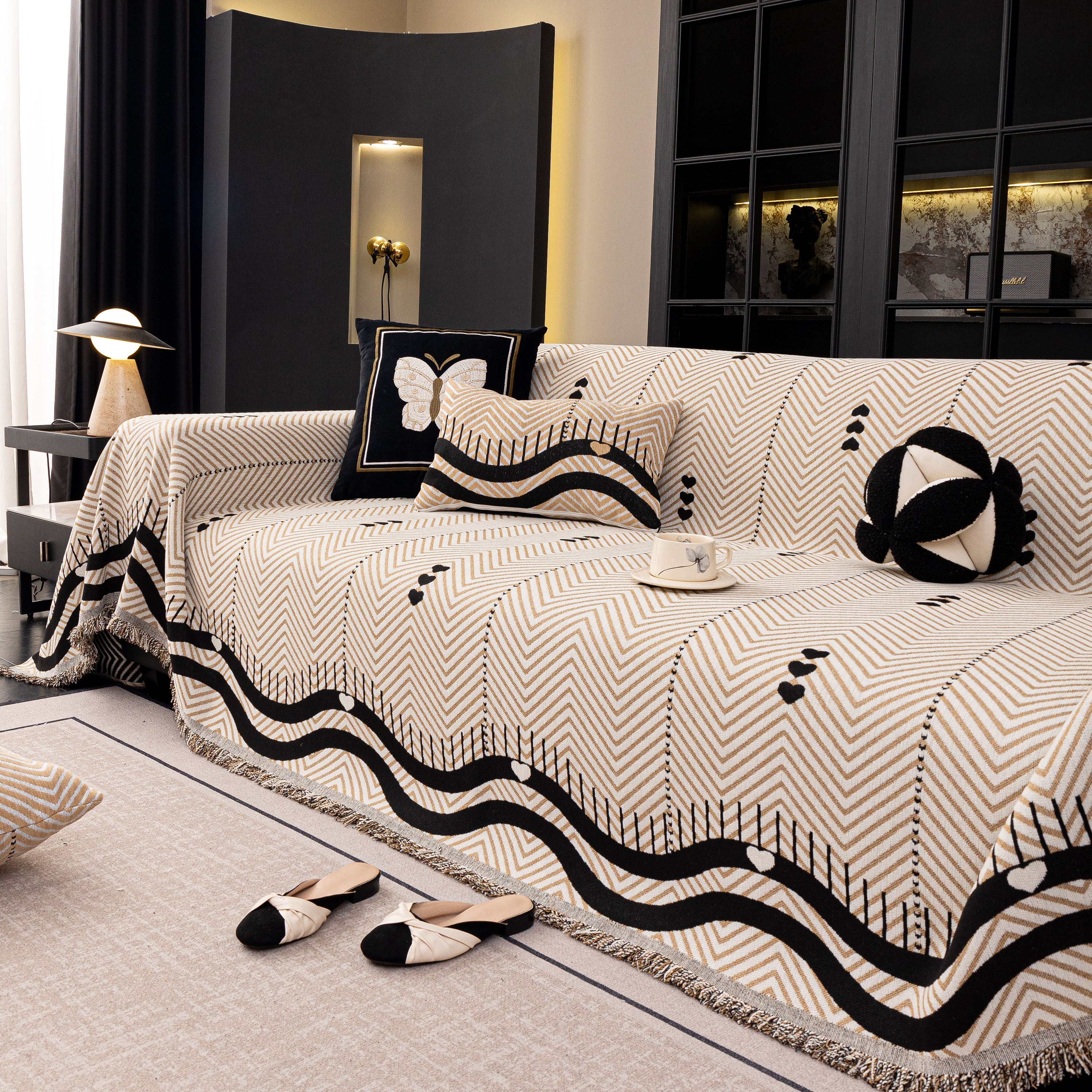 Chenille Sofa Throw Cover, Textured Chevron Decorative Couch Blanket For Living Room