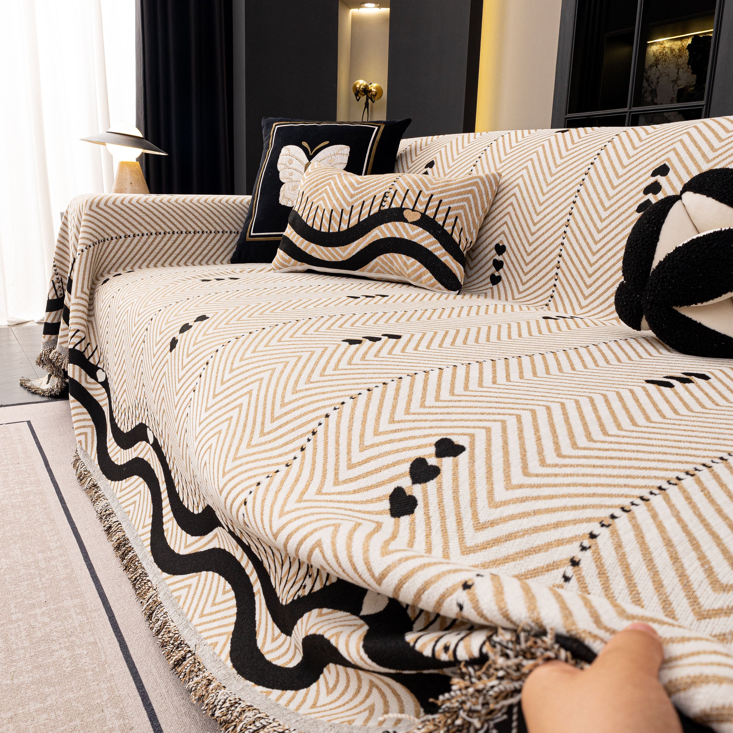 Chenille Sofa Throw Cover, Textured Chevron Decorative Couch Blanket For Living Room