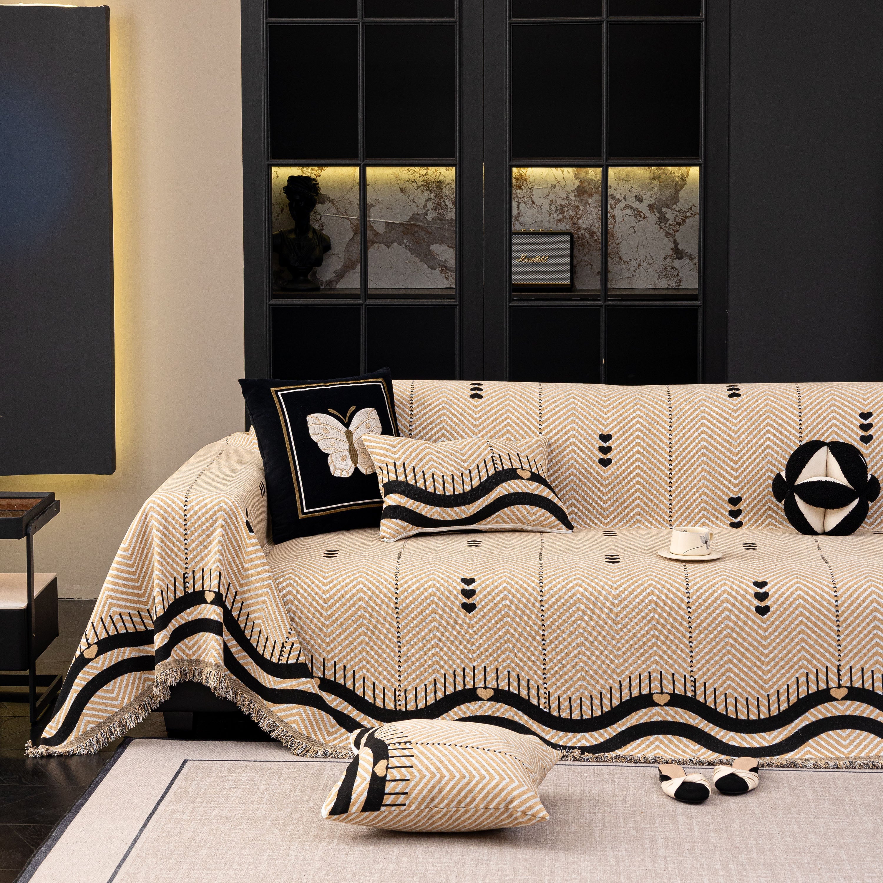 Chenille Sofa Throw Cover, Textured Chevron Decorative Couch Blanket For Living Room