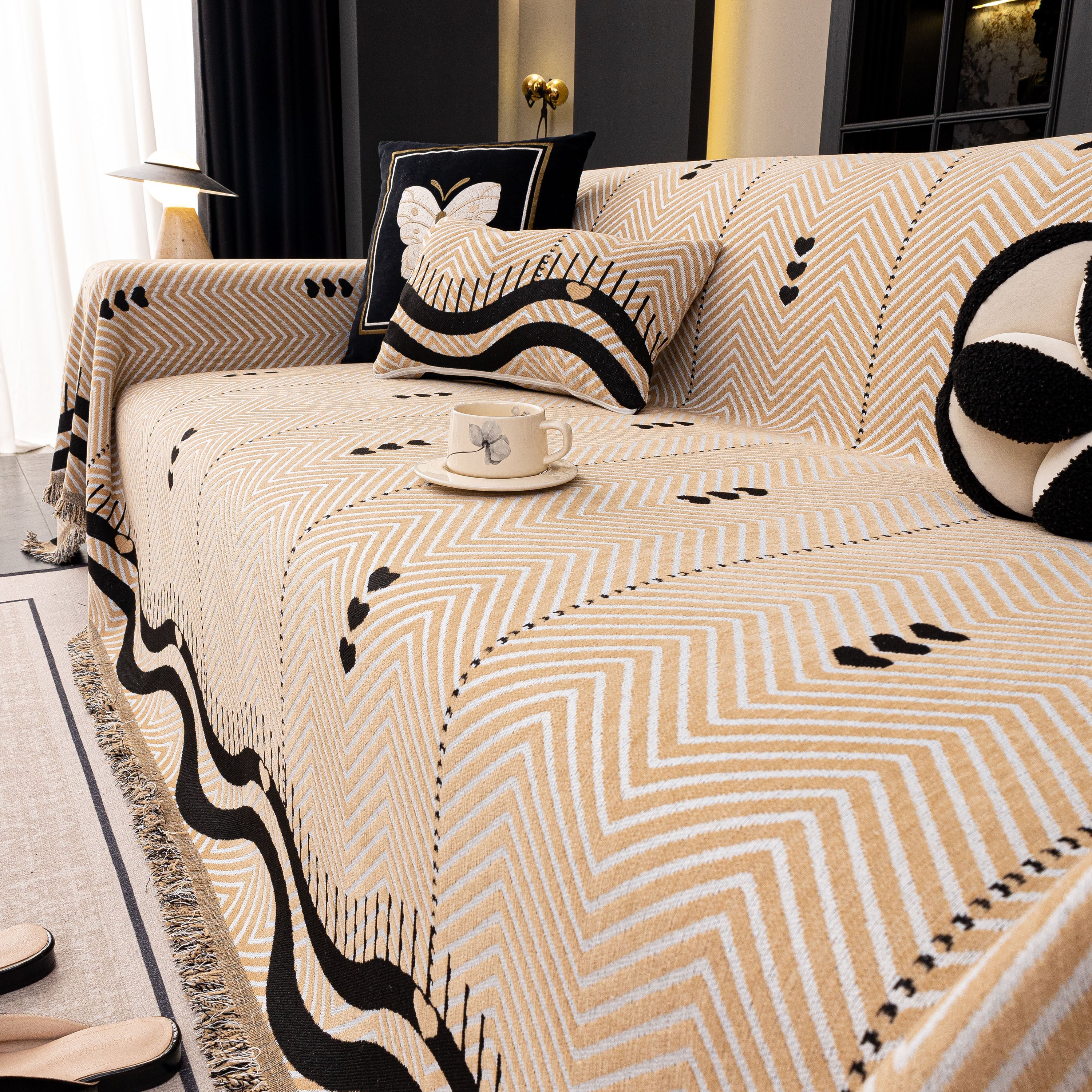 Chenille Sofa Throw Cover, Textured Chevron Decorative Couch Blanket For Living Room