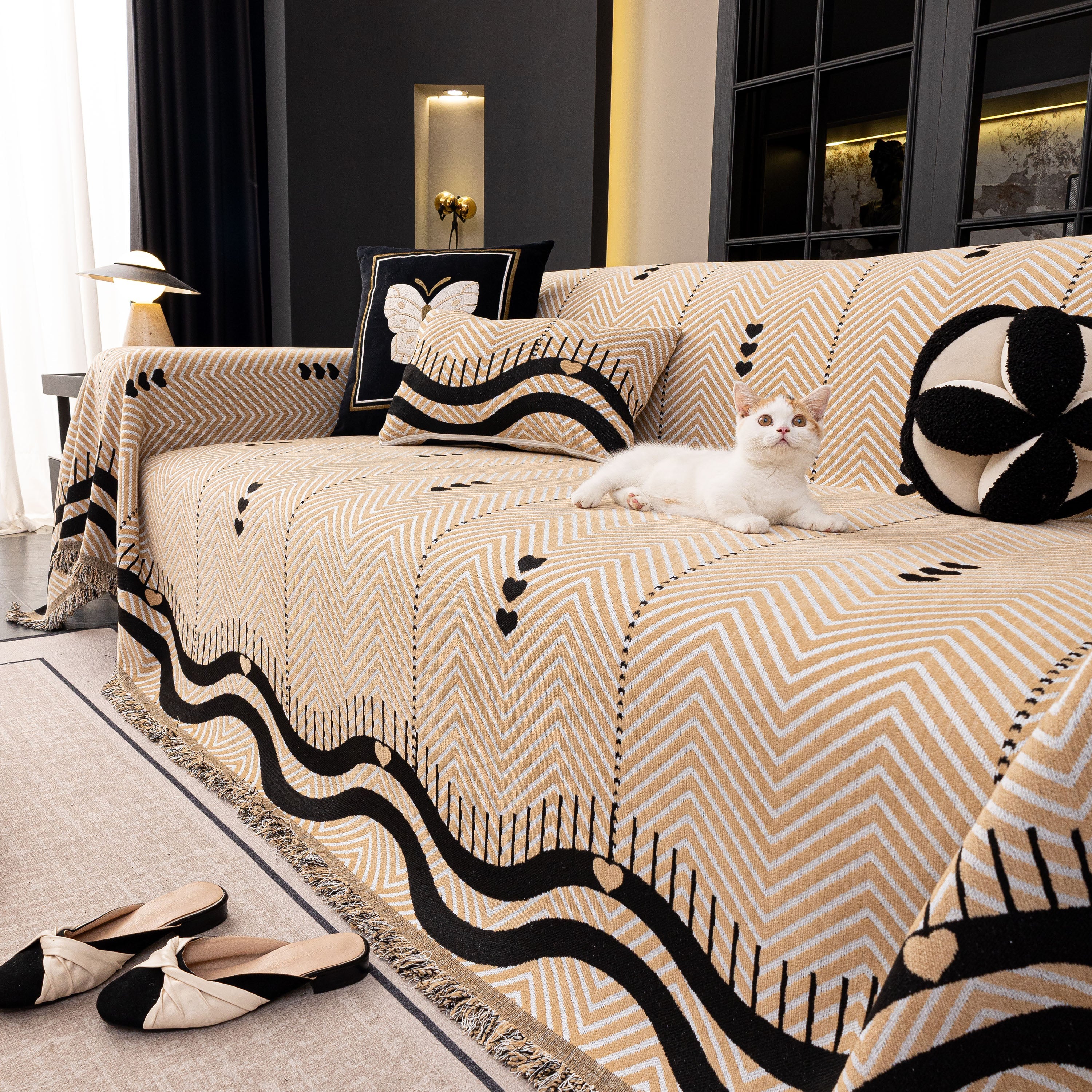 Chenille Sofa Throw Cover, Textured Chevron Decorative Couch Blanket For Living Room