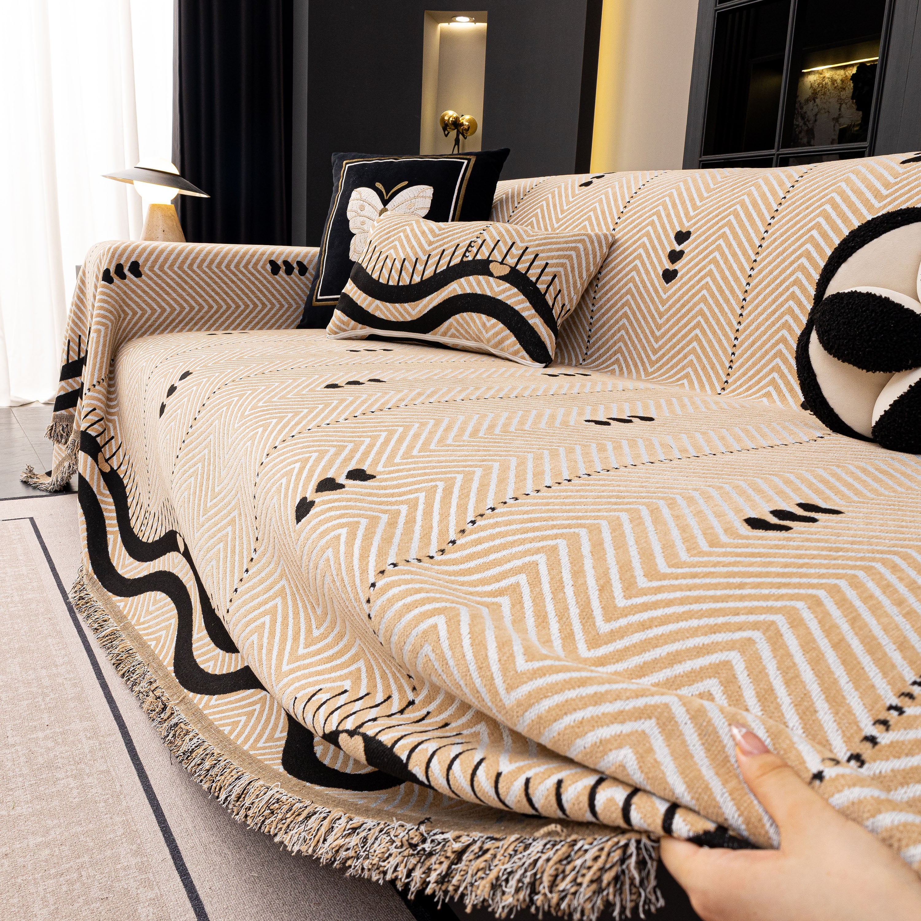 Chenille Sofa Throw Cover, Textured Chevron Decorative Couch Blanket For Living Room