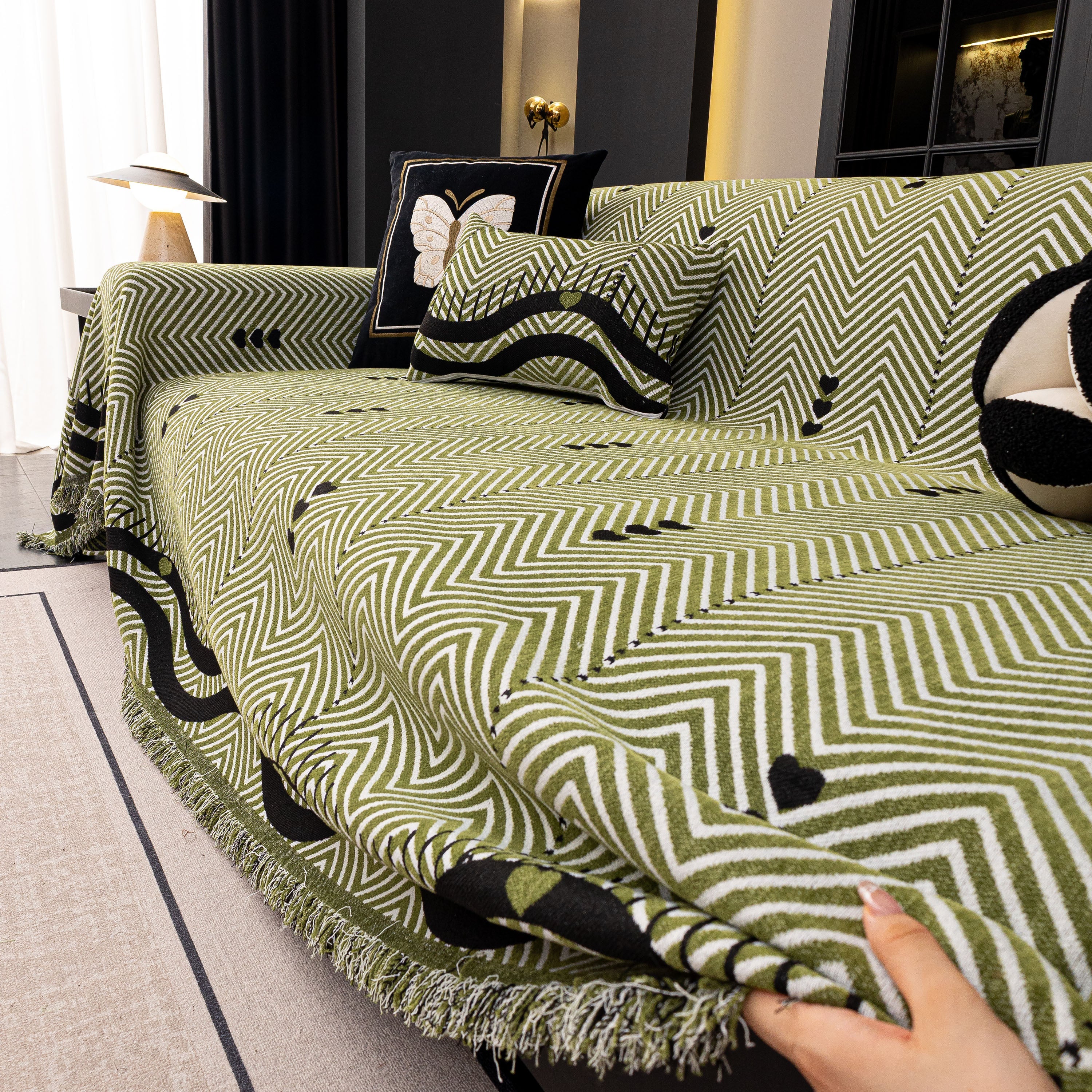 Chenille Sofa Throw Cover, Textured Chevron Decorative Couch Blanket For Living Room