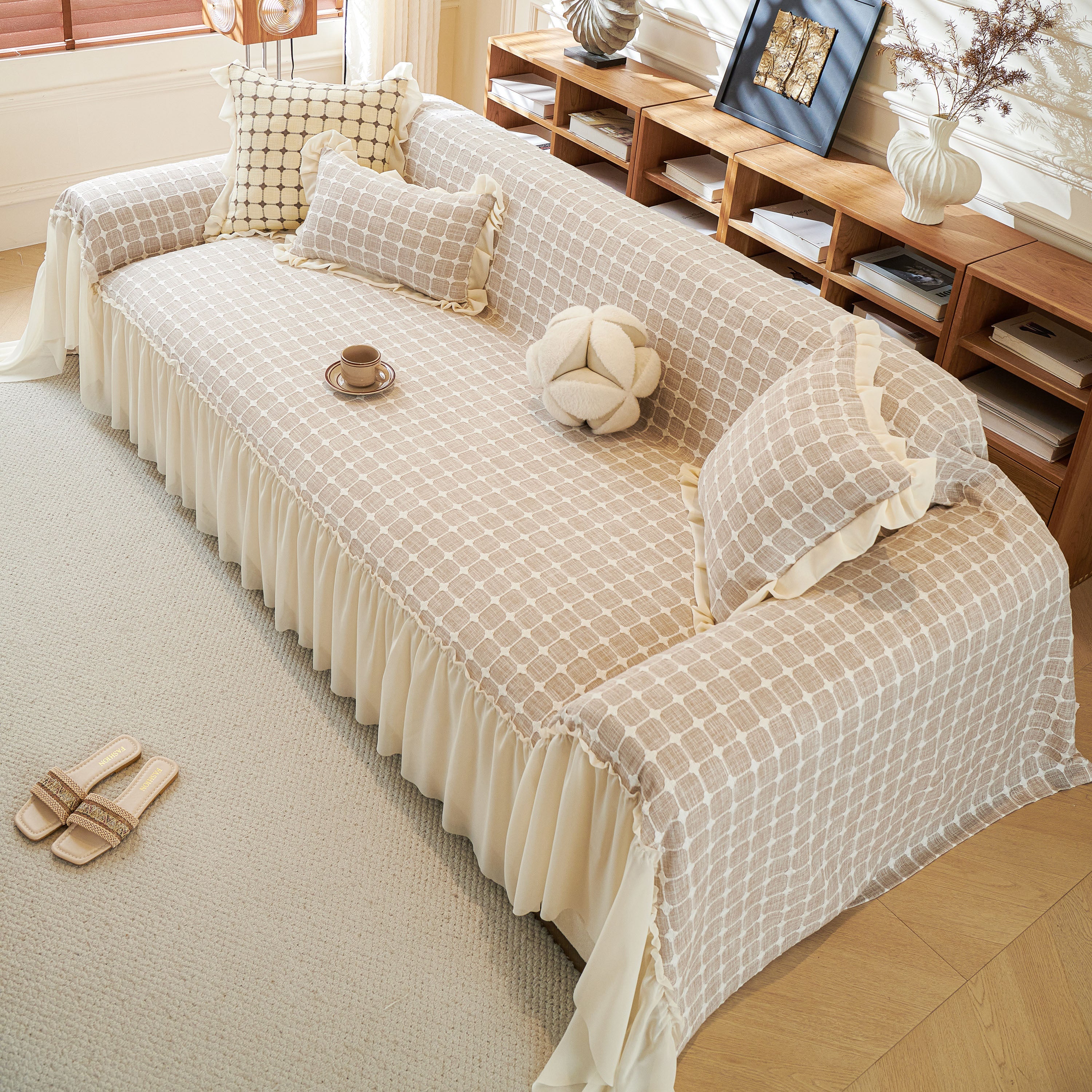 Grid Textured Sofa Cover With Sheer Ruffle Skirt, Pet-friendly Sofa Throw Slipcover