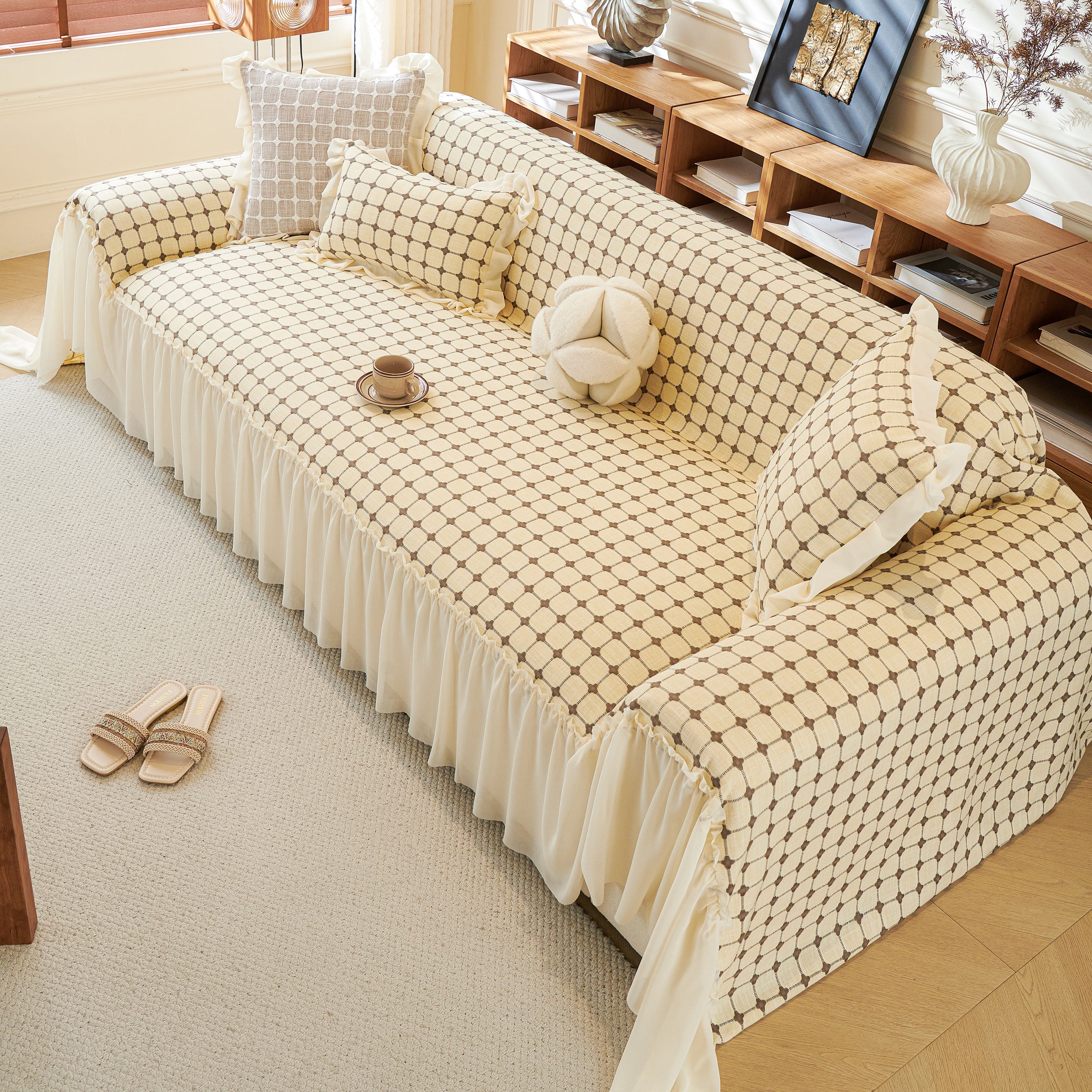 Grid Textured Sofa Cover With Sheer Ruffle Skirt, Pet-friendly Sofa Throw Slipcover
