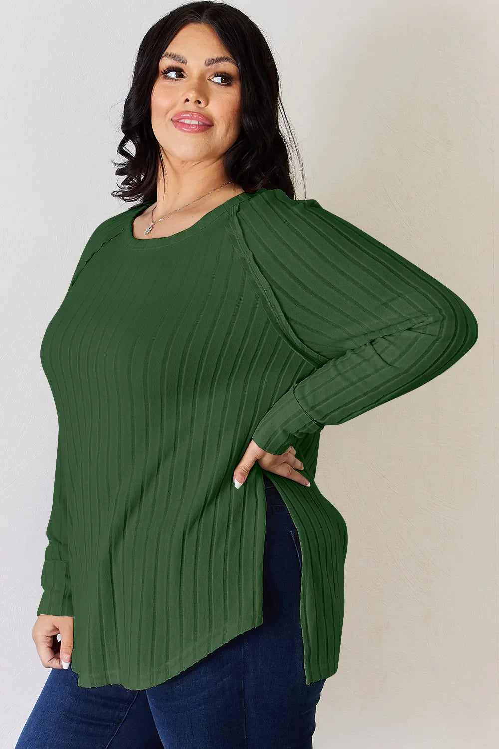 Basic Bae Full Size Ribbed Round Neck Slit Knit Top | Includes Plus Size