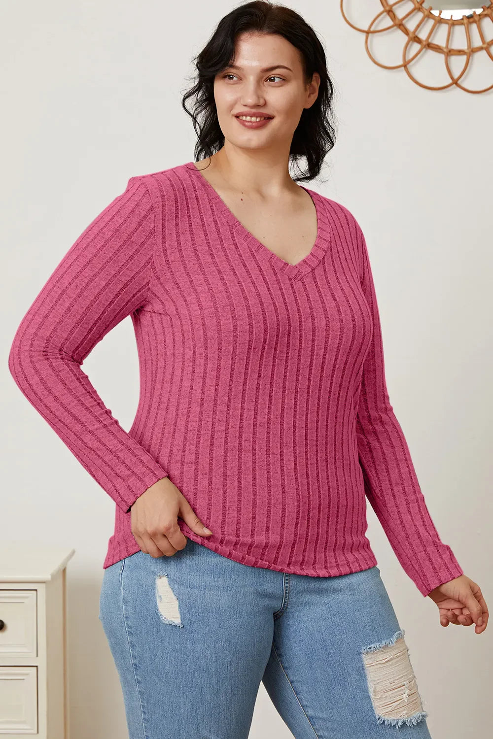 Basic Bae Full Size Ribbed V-neck Long Sleeve Knit Top | Includes Plus Size