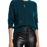Aqua Cashmere Distressed Cable Crewneck Cashmere Sweater Green Size L