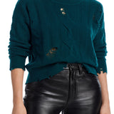 Aqua Cashmere Distressed Cable Crewneck Cashmere Sweater Green Size L