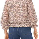 1.STATE Print Smocked Blouse Ivory Brown Size L