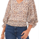 1.STATE Print Smocked Blouse Ivory Brown Size L