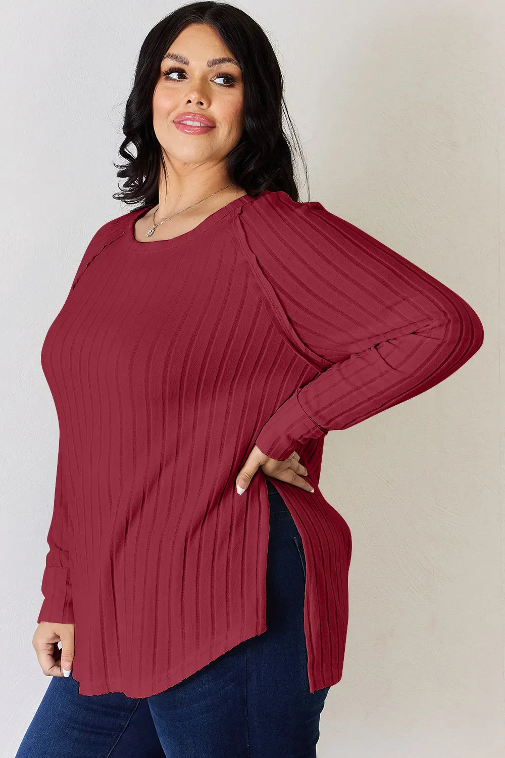 Basic Bae Full Size Ribbed Round Neck Slit Knit Top | Includes Plus Size