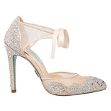 Betsey Johnson Iris Embellished Ankle Tie Pump in Champagne , Size 9.5 Yellow
