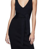 Good American Black Midi Dress, Rib Knit with Tie Waist, Size 001