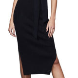 Good American Black Midi Dress, Rib Knit with Tie Waist, Size 001