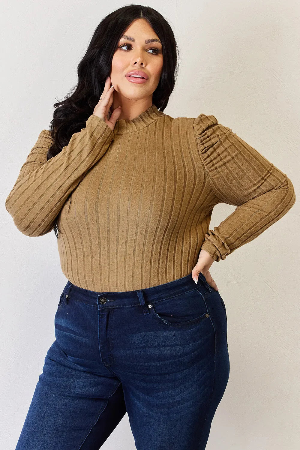 Basic Bae Full Size Ribbed Mock Neck Puff Sleeve T-shirt | Includes Plus Size