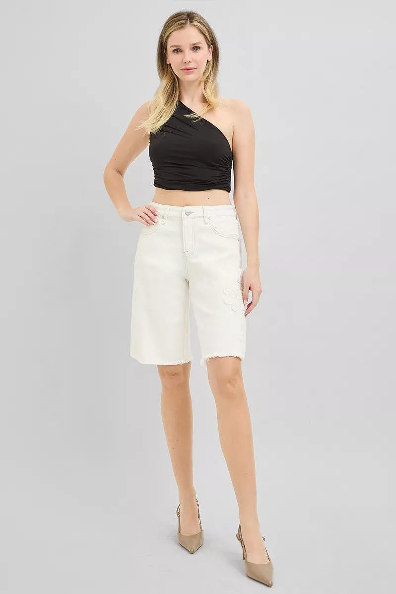 Risen Slouchy Relaxed Floral Embroidered Bermuda Denim Shorts