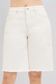 Risen Slouchy Relaxed Floral Embroidered Bermuda Denim Shorts