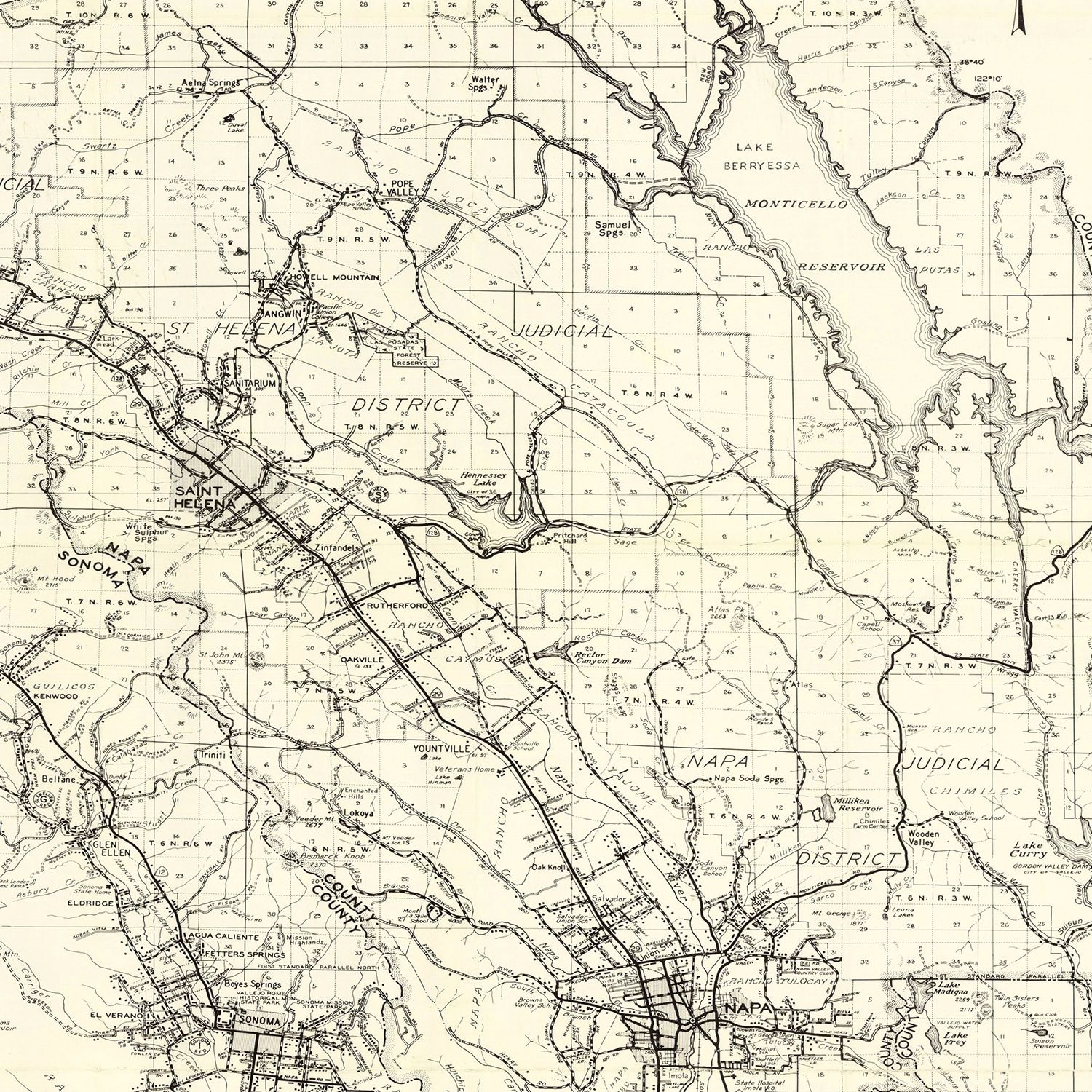 Vintage Map Of Napa County, California 1950