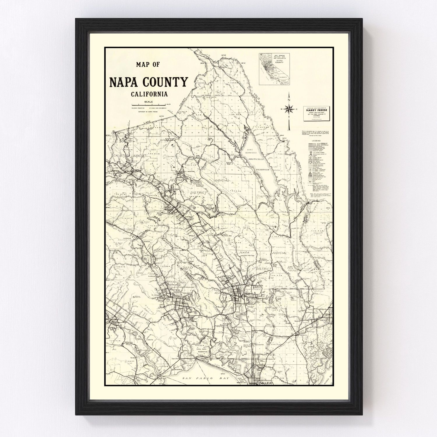 Vintage Map Of Napa County, California 1950